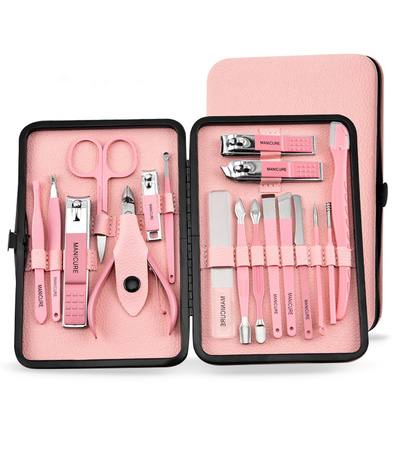 ZESTAW DO MANICURE 18 ELEMENTÓW RÓŻOWY ELEGANCKI PRZENOŚNY OBCINACZ DO PAZNOKCI NOŻYCZKI SKÓRA