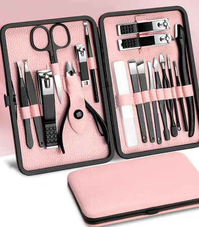 ZESTAW DO MANICURE 18 ELEMENTÓW CZARNY ELEGANCKI PRZENOŚNY OBCINACZ DO PAZNOKCI NOŻYCZKI SKÓRA