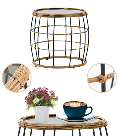 STOLIK KAWOWY OKRĄGŁY WIKLINOWY NOWOCZESNY Z SZYBĄ NA TARAS DO OGRODU