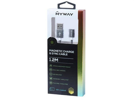 Kabel MYWAY do ładowania i synchronizacji, w oplocie nylonowym, 120 cm, USB > magnes neodymowy