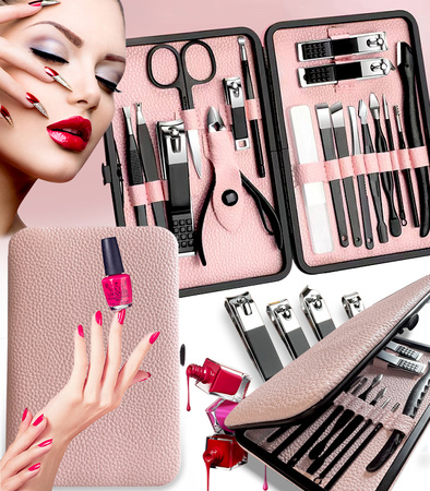 ZESTAW DO MANICURE 18 ELEMENTÓW CZARNY ELEGANCKI PRZENOŚNY OBCINACZ DO PAZNOKCI NOŻYCZKI SKÓRA