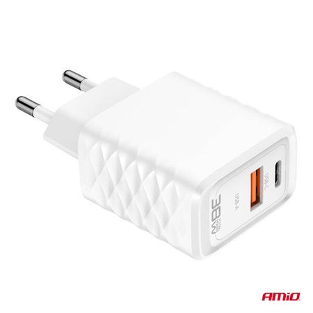 Ładowarka sieciowa Quick Charge GaN 38W USB-A + USB-C AMIO-04287