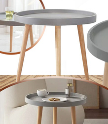 STOLIK KAWOWY 50 CM DREWNIANY OKRĄGŁY TRÓJNÓG STYL SKANDYNAWSKI DO SALONU