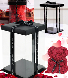 PUDEŁKO NA MISIA Z PŁATKÓW RÓŻY 40 CM TRANSPARENTNE OZDOBNA WSTĄŻKA GIFT BOX
