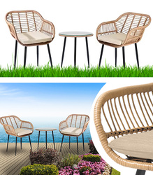 ZESTAW MEBLI OGRODOWYCH NAPOLI KRZESŁA STOLIK PODUSZKI SZKŁO HARTOWANE TECHNORATTAN BOHO PLECIONKA