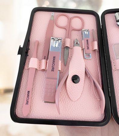 ZESTAW DO MANICURE 18 ELEMENTÓW RÓŻOWY ELEGANCKI PRZENOŚNY OBCINACZ DO PAZNOKCI NOŻYCZKI SKÓRA
