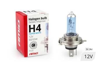 Żarówka halogenowa H4 12V 60/55W filtr UV (E4) Super White AMIO-01269