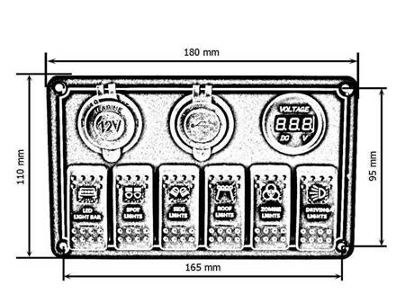 Przełącznik 12/24V ON-OFFx6, 1xZ, 2xUSB 3.1A , 1 LED volt, 3xB 15A IP68 Niebieski