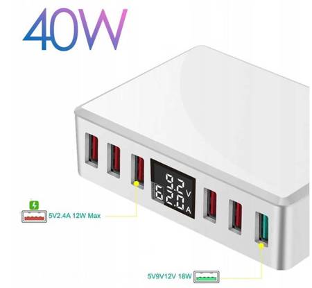 Szybka ładowarka sieciowa 6x usb qc3.0 lcd 40w