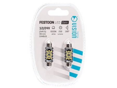 Żarówka VISION Festoon SV8.5 39 mm 12/24V 12x 2016 SMD LED, CANBUS, biała, 2 szt.