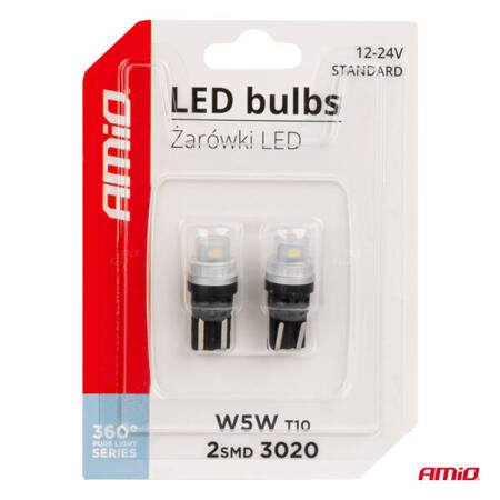 Żarówki LED 360 Pure Light Series STANDARD T10 W5W 2x3020 SMD White 12V 24V AMIO-03726