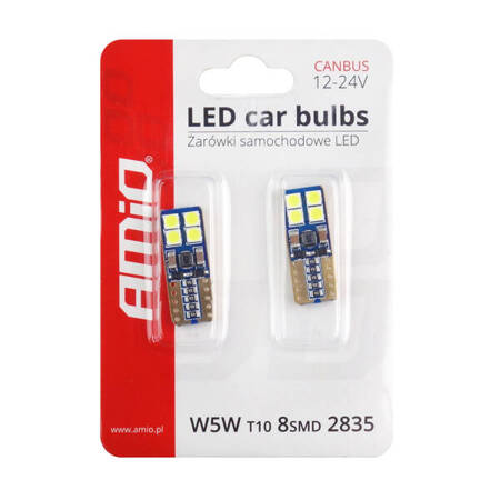 Żarówki LED CANBUS 8SMD 2835 T10e W5W White 12V 24V AMIO-01635