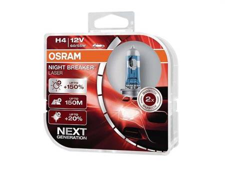 Żarówki OSRAM H4 12V 60/55W P43t Night Breaker Laser, Next Generation +150%, 2 szt.