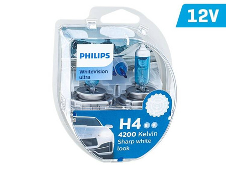 Żarówki PHILIPS H4 12V 60/55W P43t + W5W 12V W21x9,5d WhiteVision ultra 4200K