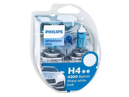 Żarówki PHILIPS H4 12V 60/55W P43t + W5W 12V W21x9,5d WhiteVision ultra 4200K